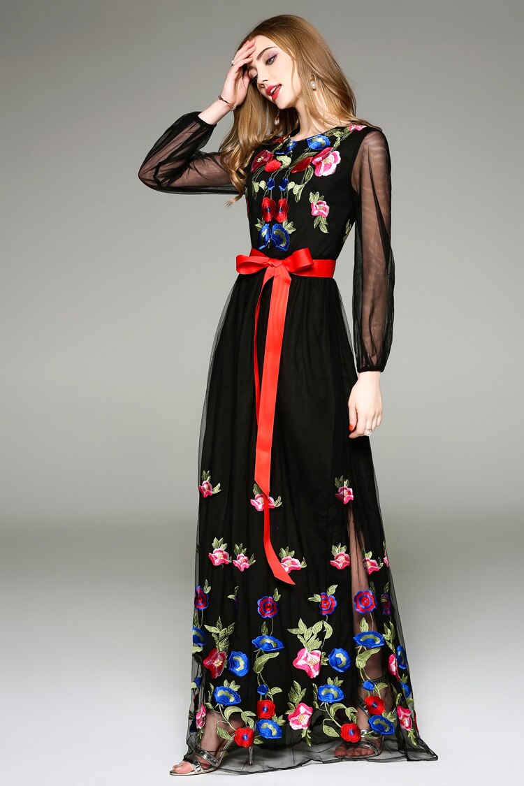 Floral Embroidered Belted Long Maxi Dress