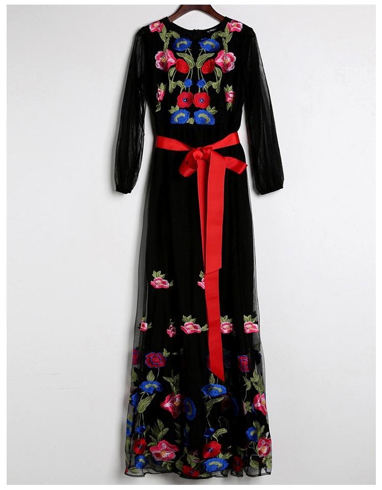 Floral Embroidered Belted Long Maxi Dress