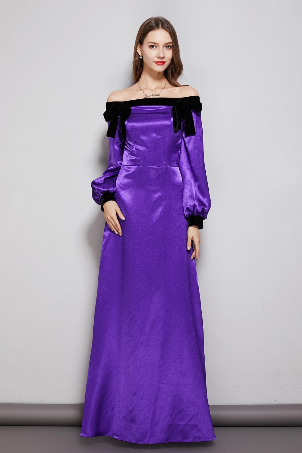 Bow Detail Long Sleeve Graceful Maxi Party Dress