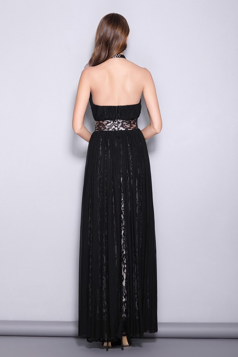 Halter Sleeveless Embroidered Lace Open Back Long Party Dress