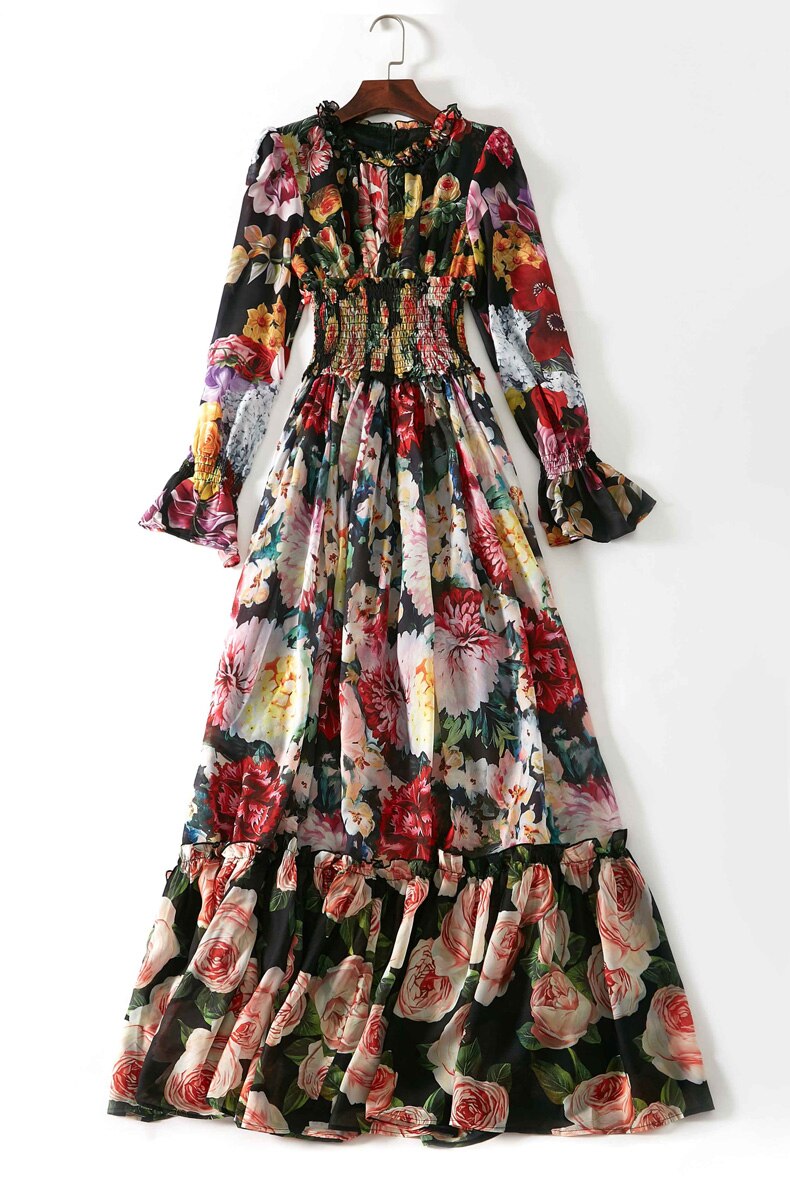 Floral Ruffled Elegant Holiday Maxi Dress