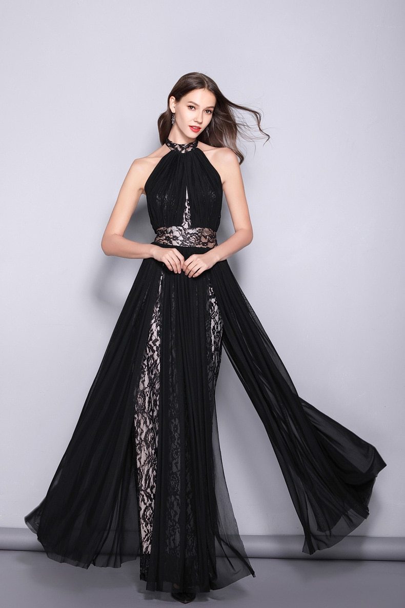 Halter Embroidered Lace Party Maxi Dress
