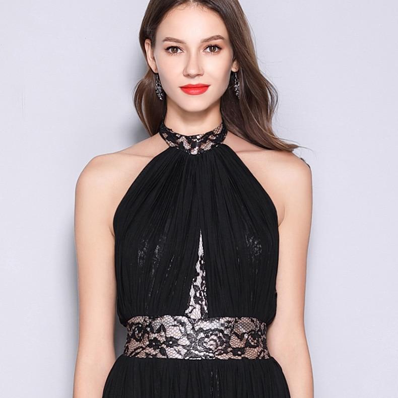 Halter Sleeveless Embroidered Lace Open Back Long Party Dress