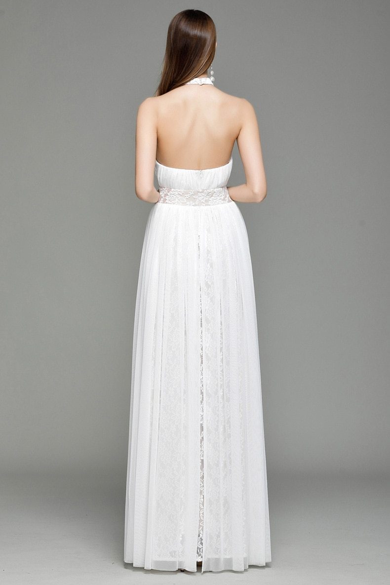 Halter Sleeveless Embroidered Lace Open Back Long Party Dress