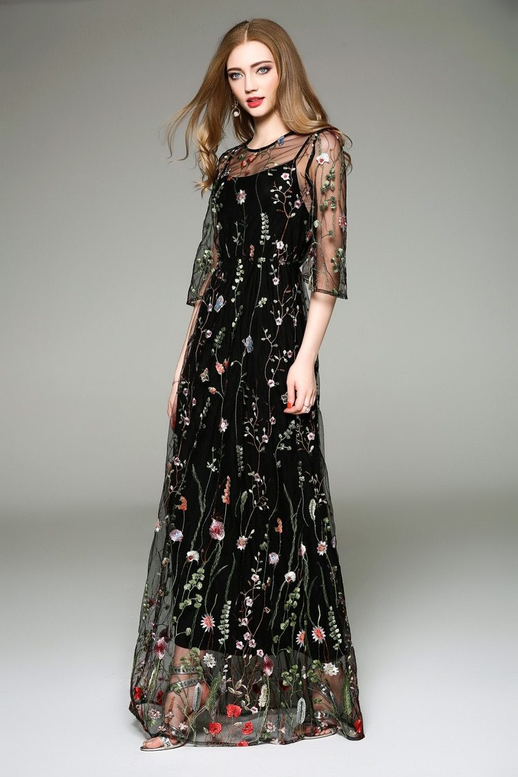O-Neck Long Sleeve Spring Maxi Dress