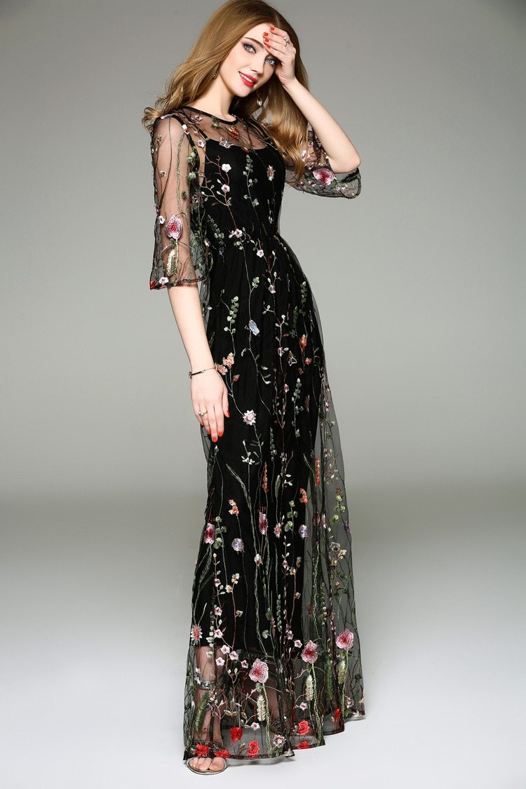 O-Neck Long Sleeve Spring Maxi Dress
