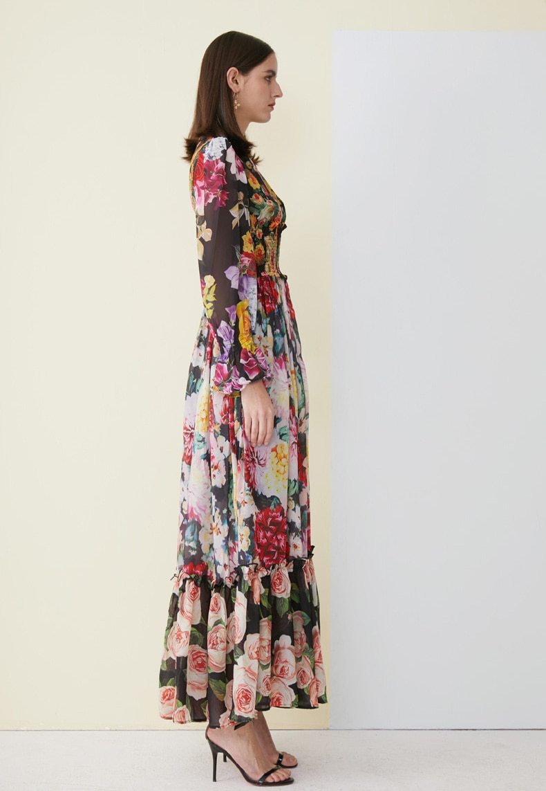 Floral Ruffled Elegant Holiday Maxi Dress