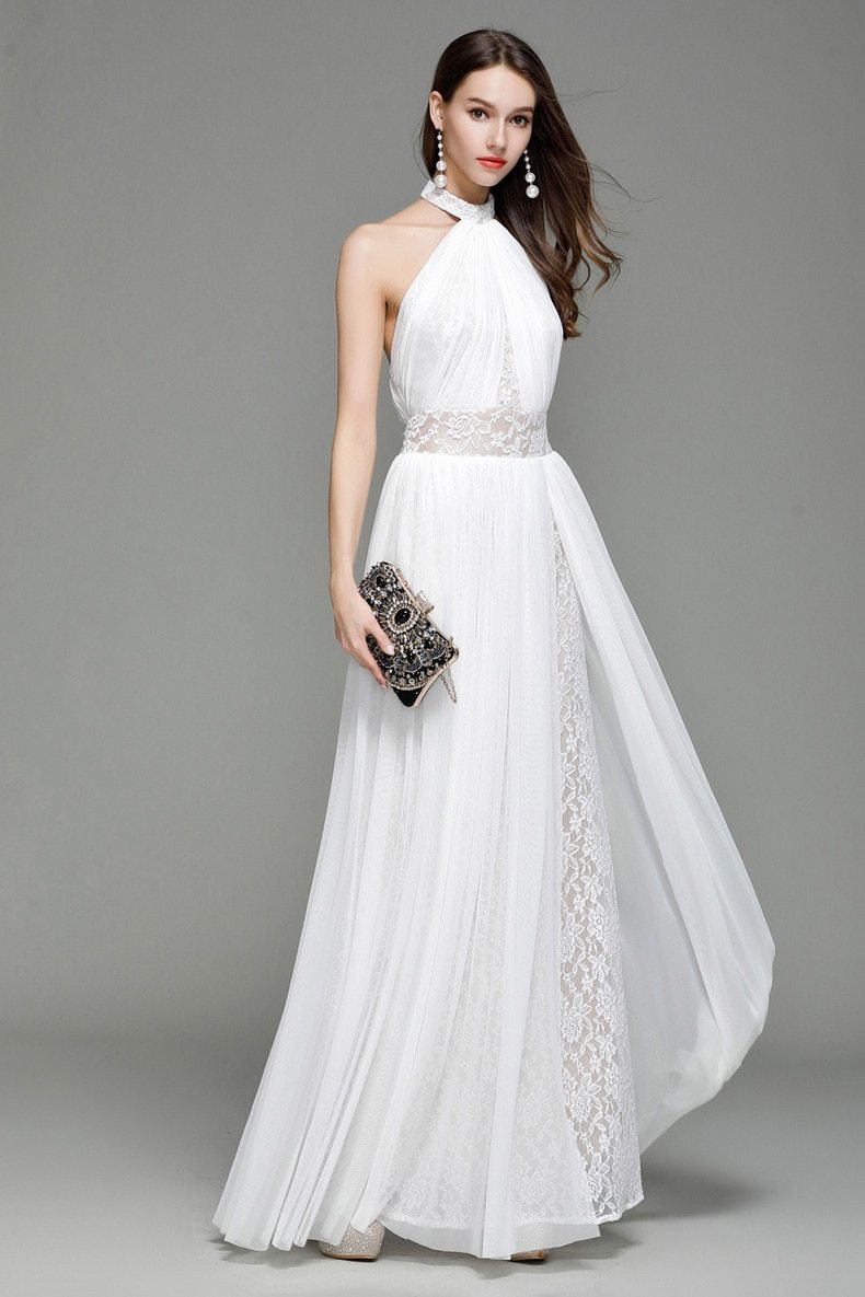 Halter Sleeveless Embroidered Lace Open Back Long Party Dress
