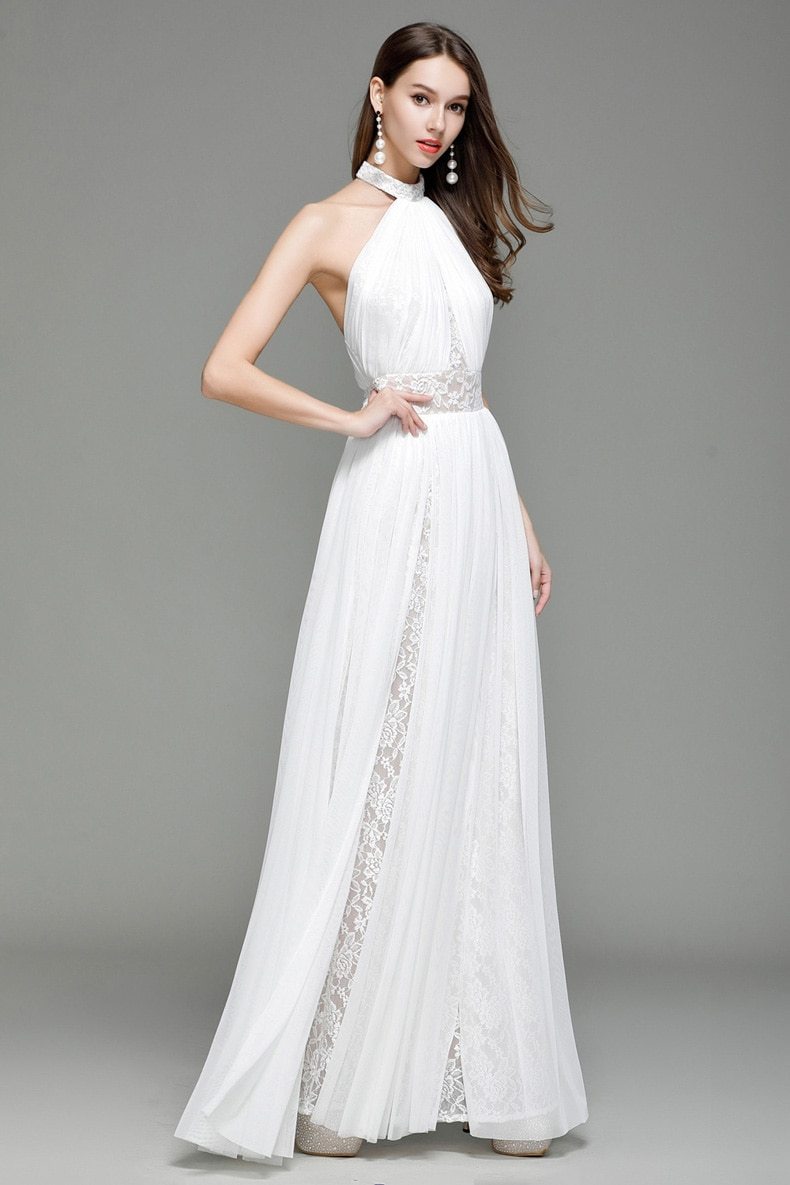 Halter Sleeveless Embroidered Lace Open Back Long Party Dress