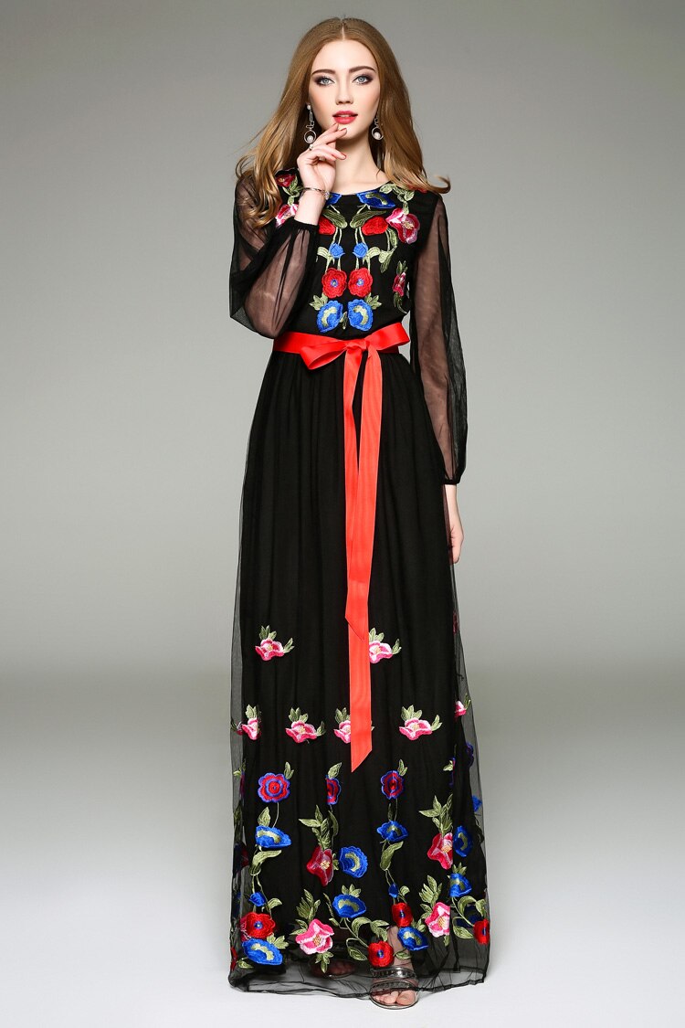 Floral Embroidered Belted Long Maxi Dress