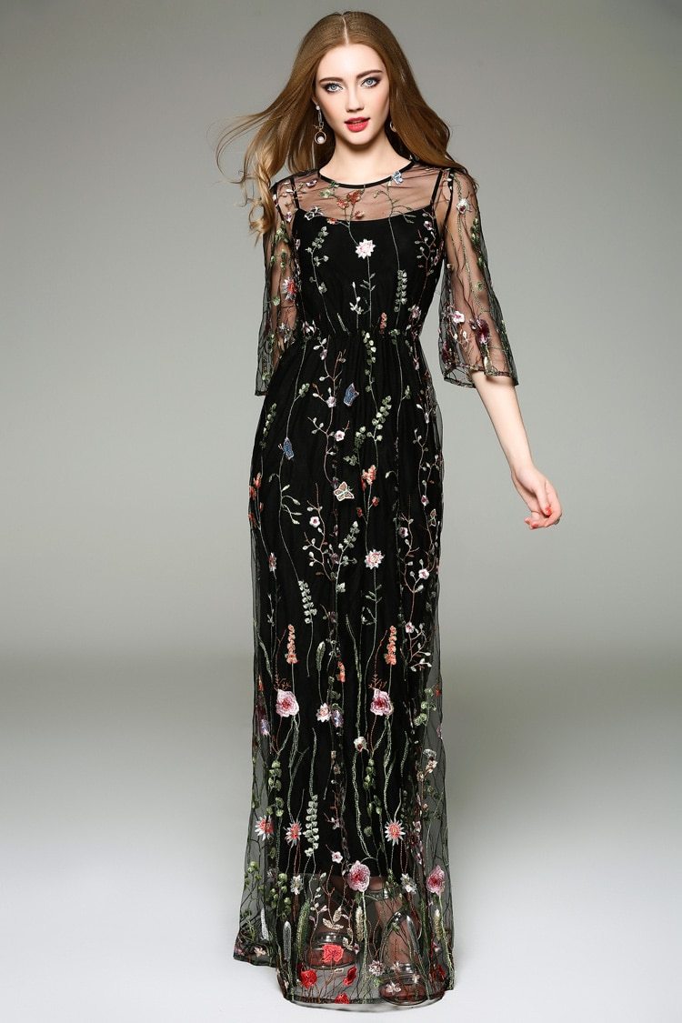 O-Neck Long Sleeve Spring Maxi Dress