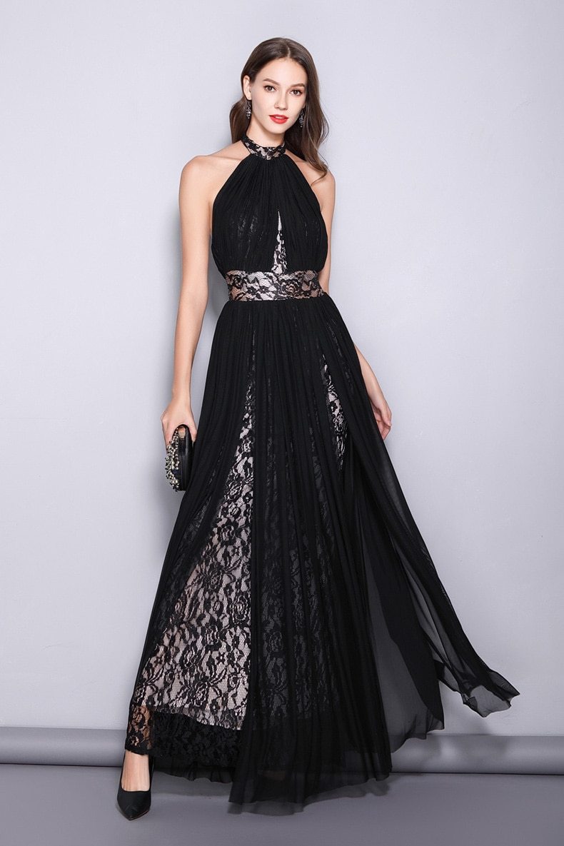 Halter Sleeveless Embroidered Lace Open Back Long Party Dress