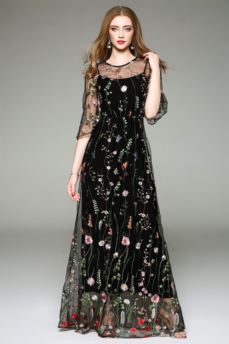 O-Neck Long Sleeve Spring Maxi Dress
