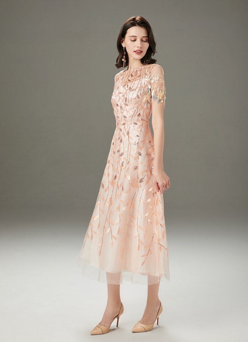 Embroidery Beaded Layered Mid-Calf Party Dress