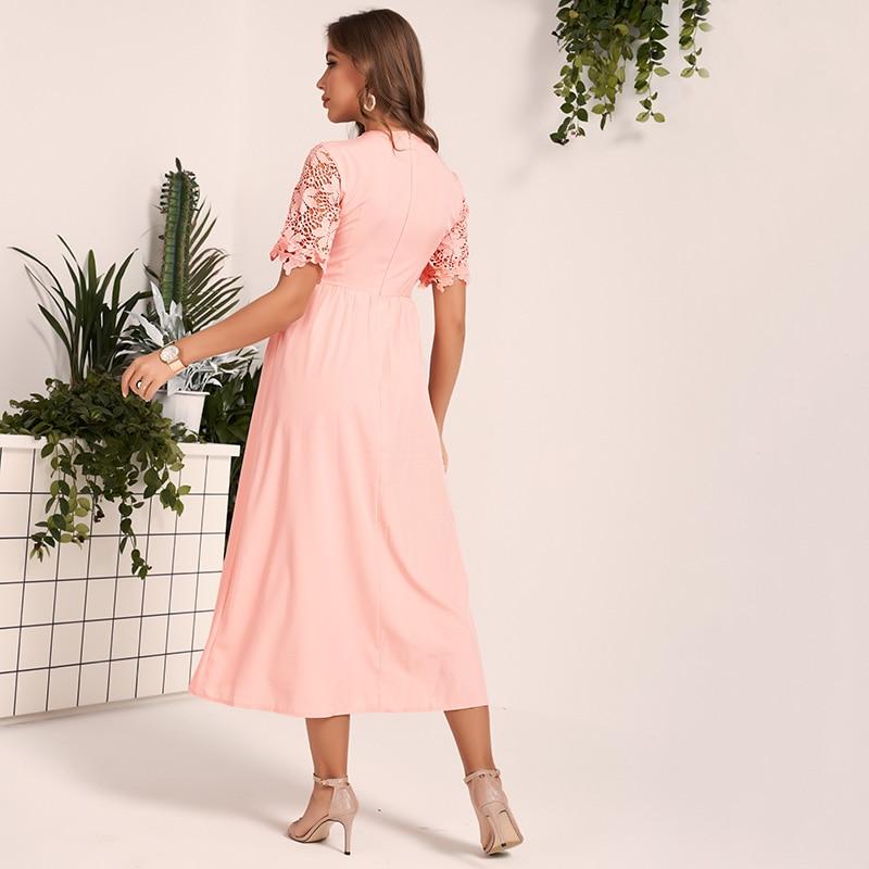 Pink Lace Hollow Fit Flare Party Midi Dress