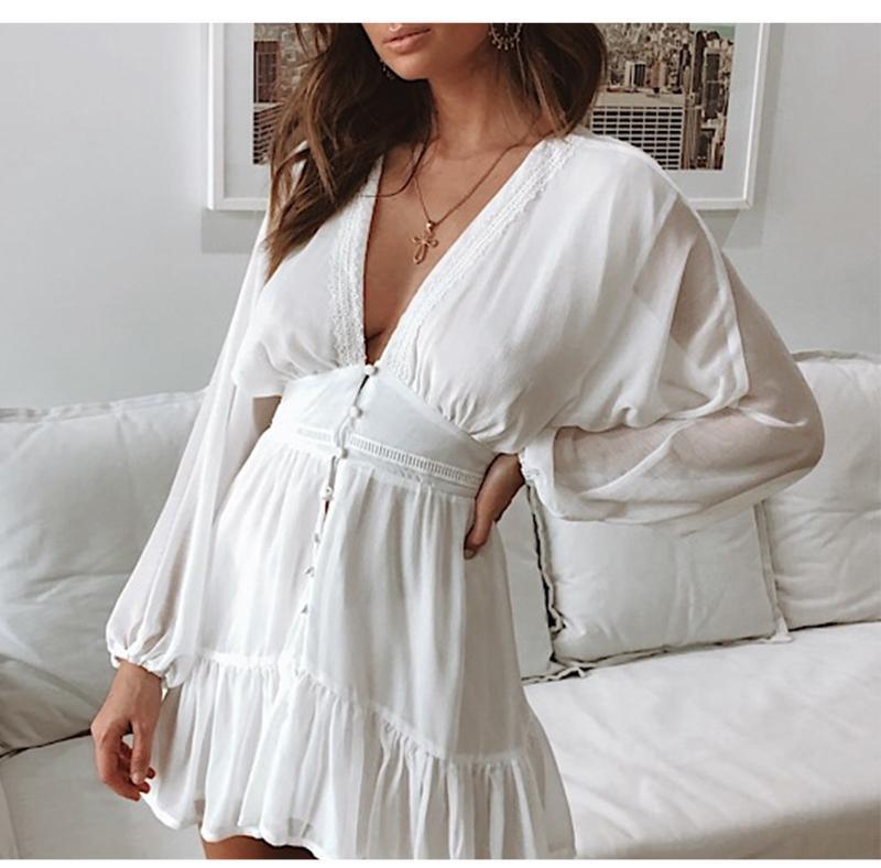 Lace Long Sleeve V Neck Spring Party Mini Dress
