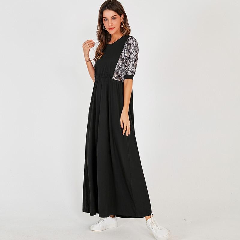 Snake Print Elastic Waist Half Sleeve Maxi Dress