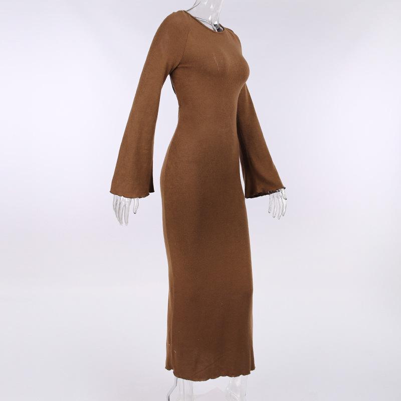 Knitted Open Back Flared Sleeve Maxi Dress
