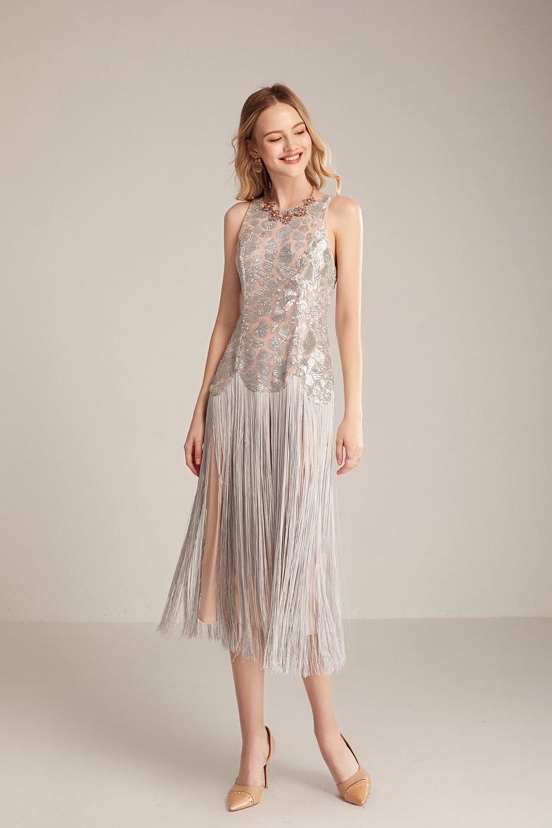 Sleeveless Tassel Sequin Chic Mid Calf Party Dress