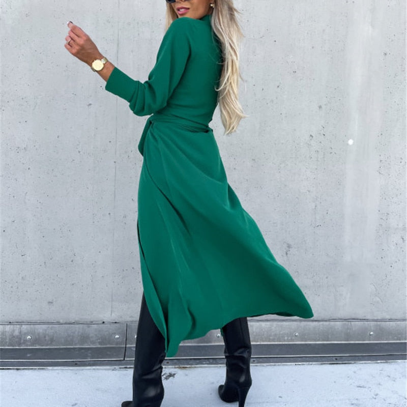 Lace Up Collared Long Sleeve Maxi Dress