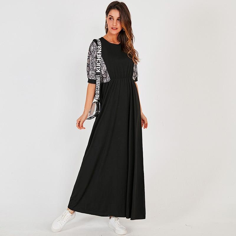 Snake Print Elastic Waist Half Sleeve Maxi Dress