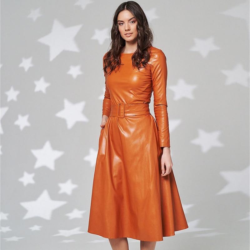 Fit Flare PU Leather Pocket Midi Dress