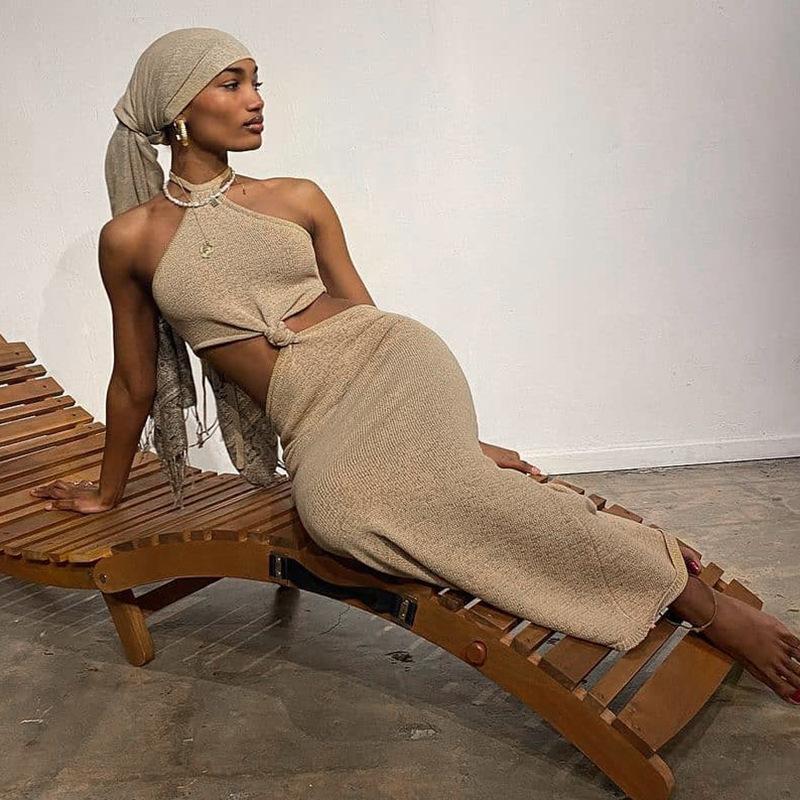 Knitted Halter Vacation Style Maxi Dress