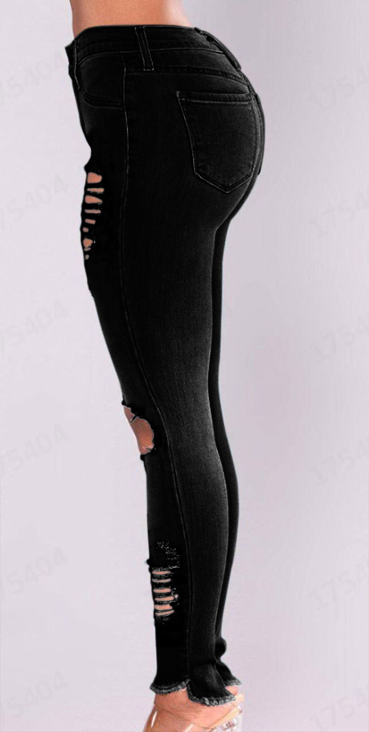 Stretch Cotton High Waist Hole Slim Jean