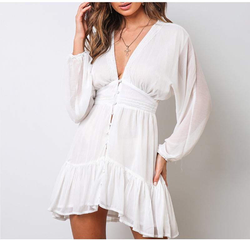 Lace Long Sleeve V Neck Spring Party Mini Dress