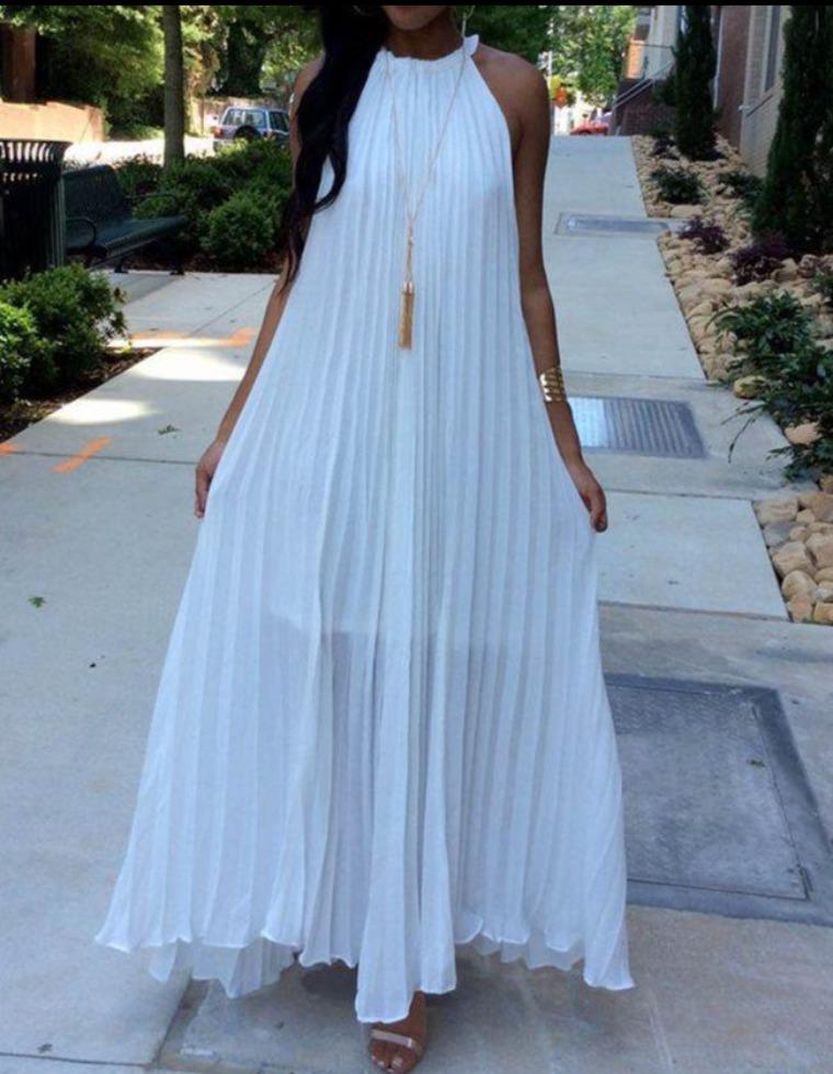 White Pleated Halter Maxi Dress