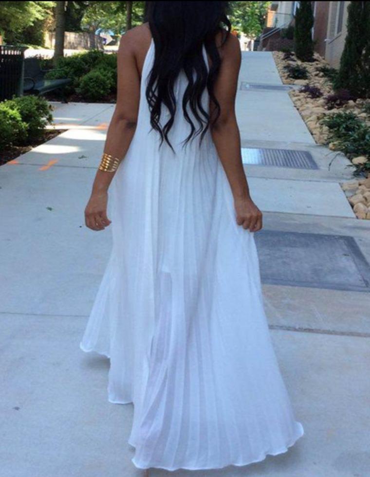 White Pleated Halter Maxi Dress