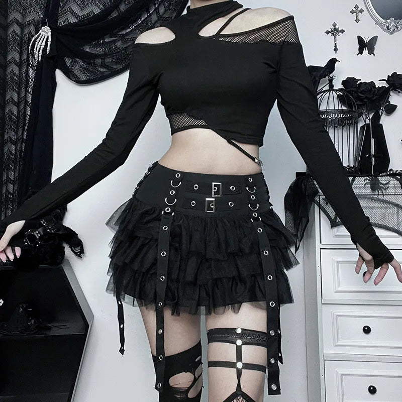 Gothic Cyber Y2K Mesh Patchwork Cake Mini Dress