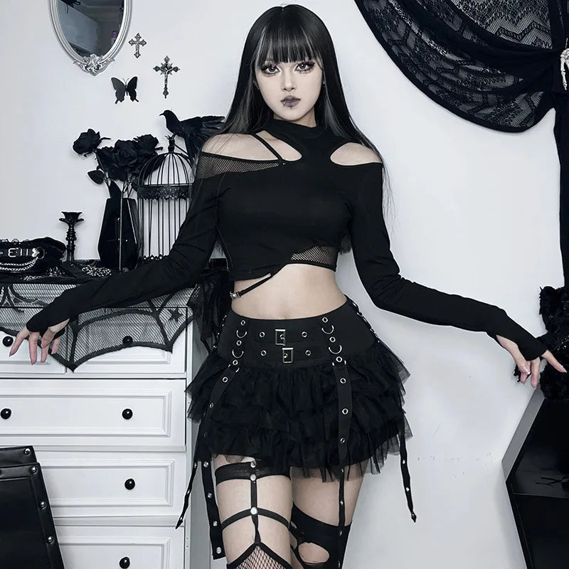 Gothic Cyber Y2K Mesh Patchwork Cake Mini Dress