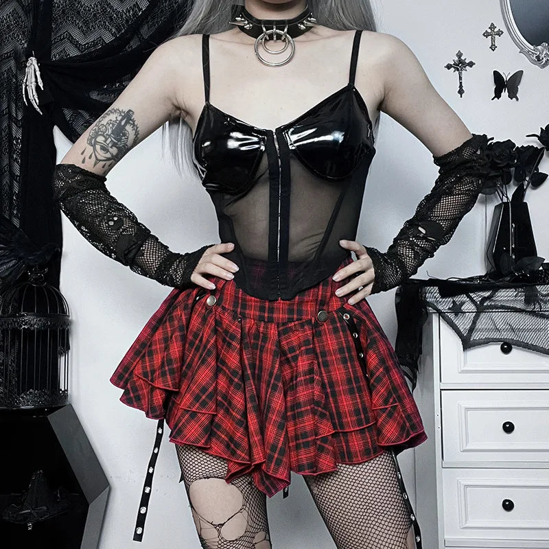 Plaid Eyelet Ribbon Cyber Streetwear Mini Dress