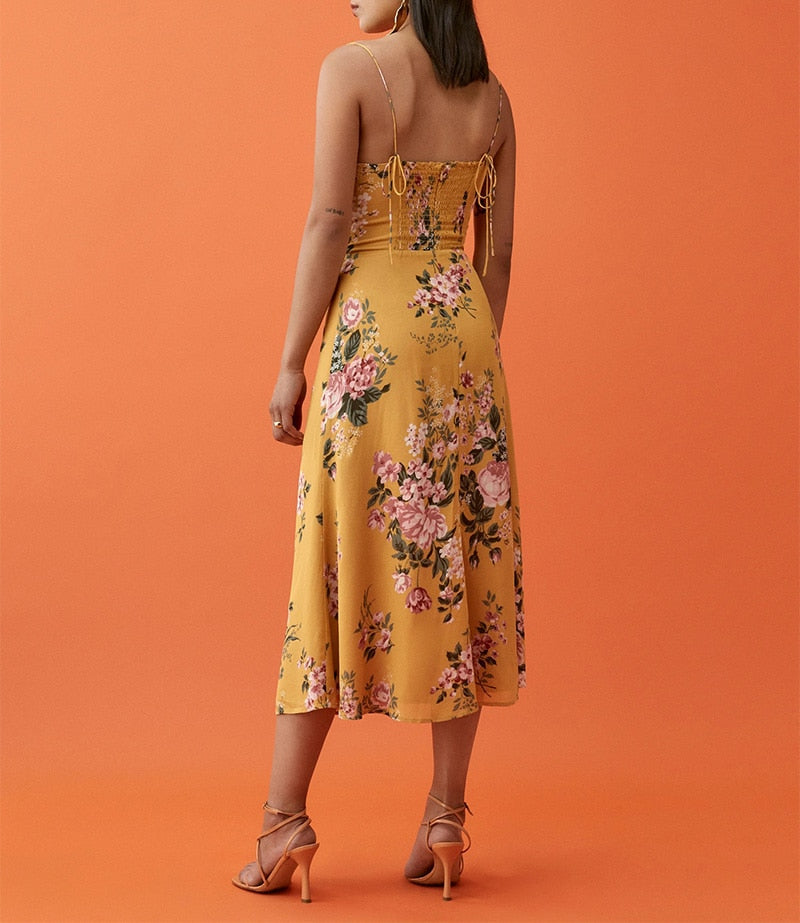 Vintage Spaghetti Strap Side Slit Midi Dress