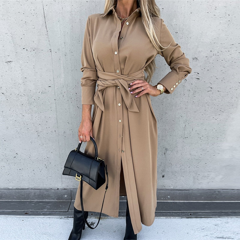 Lace Up Collared Long Sleeve Maxi Dress