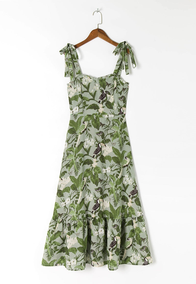 Ruffled Beach Sweetheart Tie Strap Midi Dress
