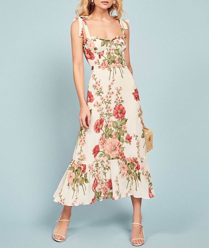 Vintage Chiffon Sweetheart Strap Midi Dress
