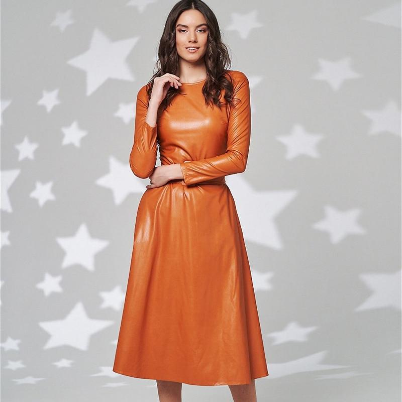 Fit Flare PU Leather Pocket Midi Dress
