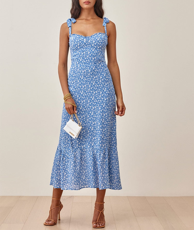 Ruffled Floral Chiffon Tie Neck Midi Dress