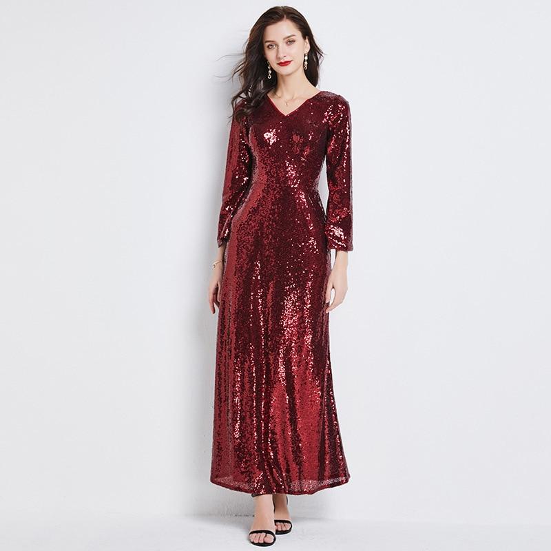 V Neck Sequin Long Sleeve Elegant Party Dress