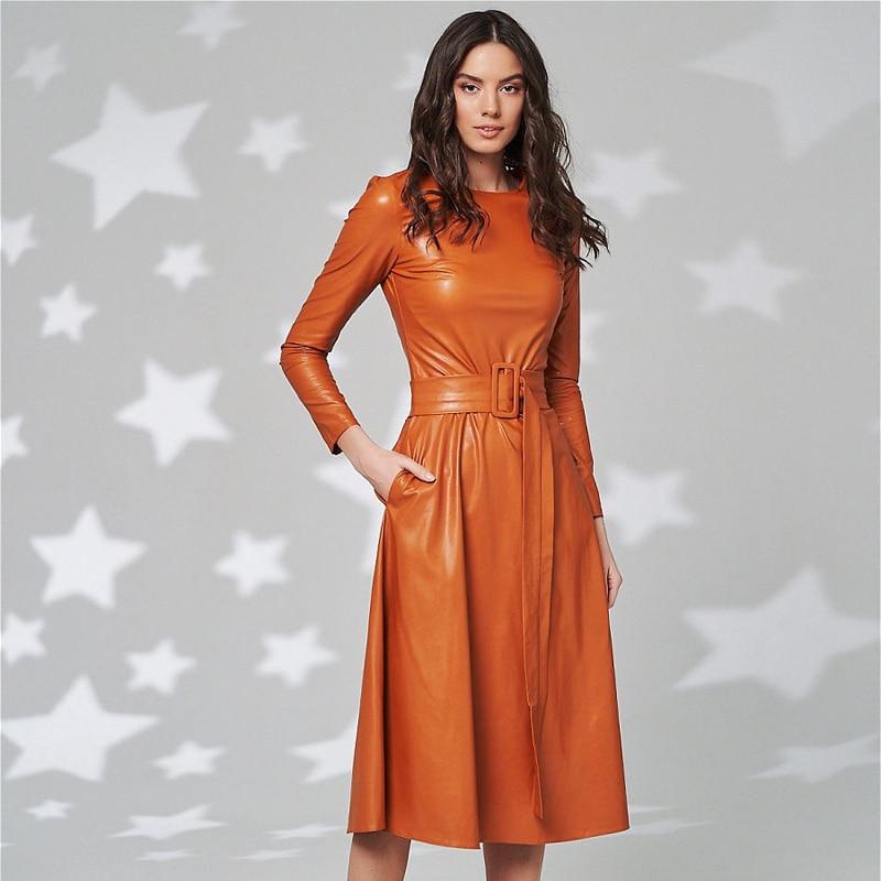 Fit Flare PU Leather Pocket Midi Dress
