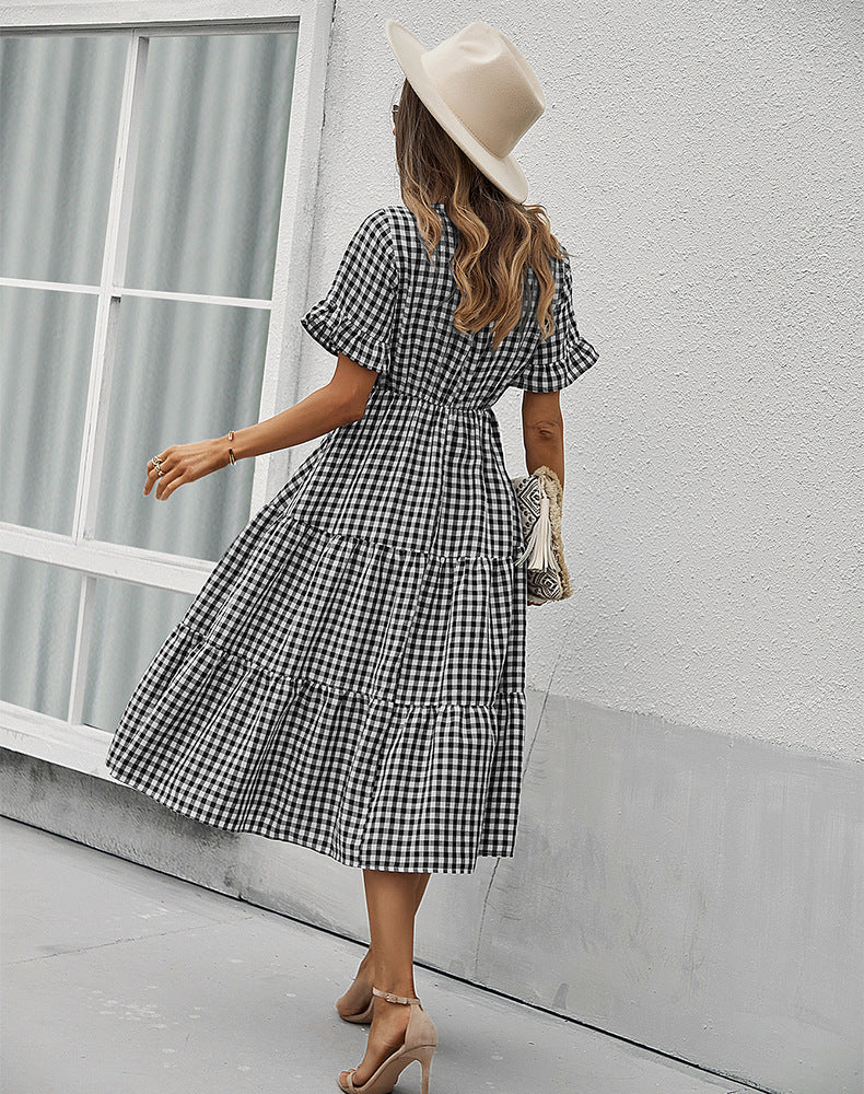 Plaid Ruffled High Waist Vintage Midi Dress