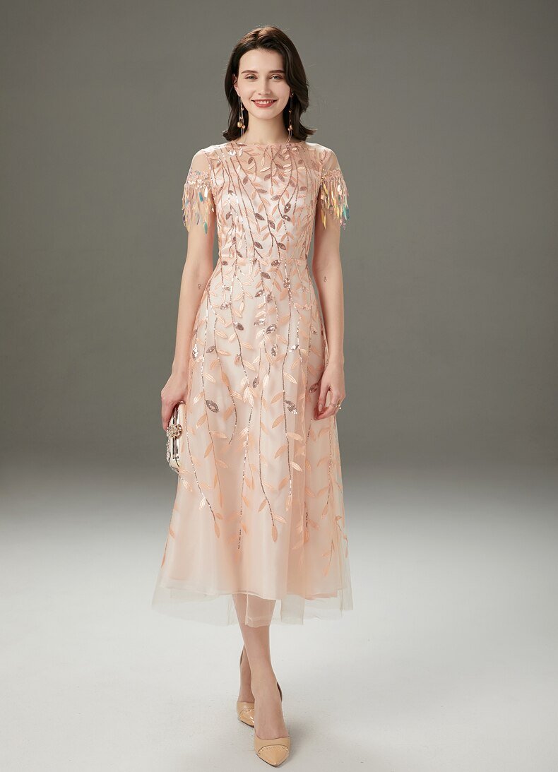 Embroidery Beaded Layered Mid-Calf Party Dress