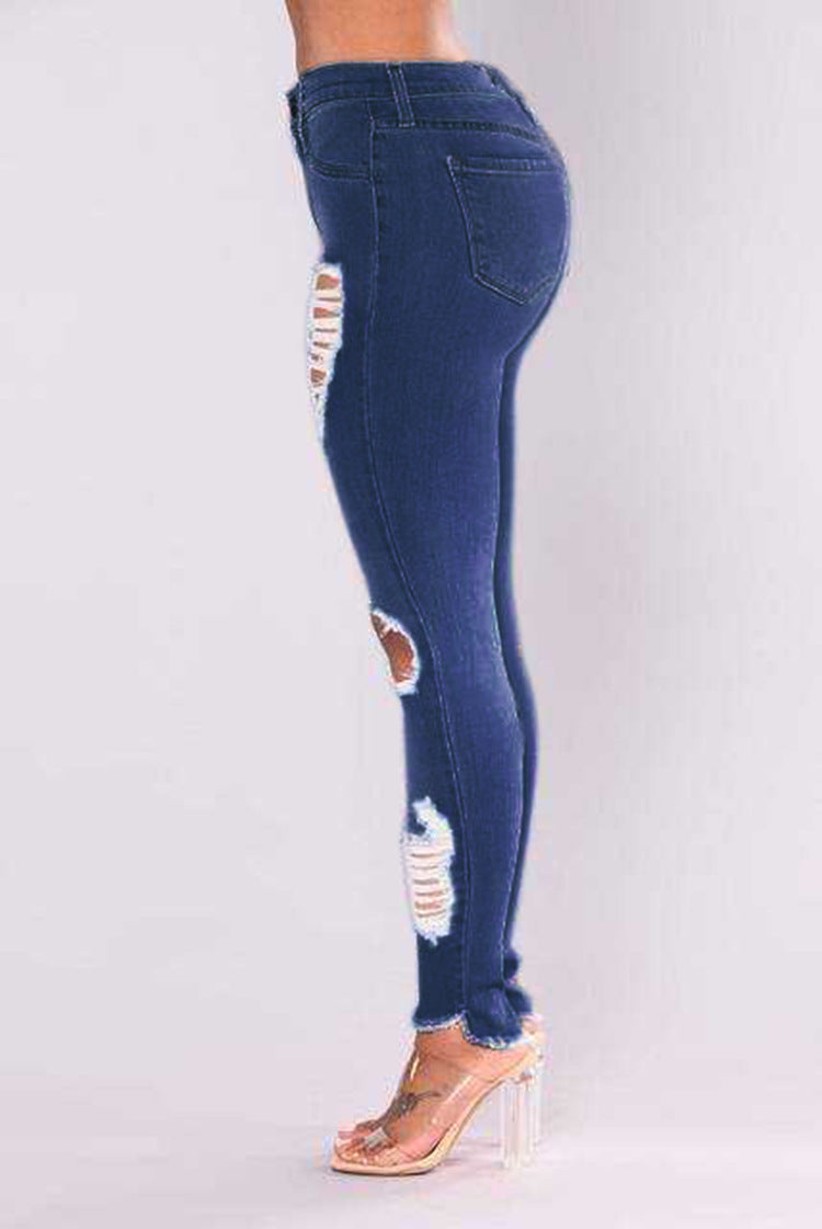 Stretch Cotton High Waist Hole Slim Jean