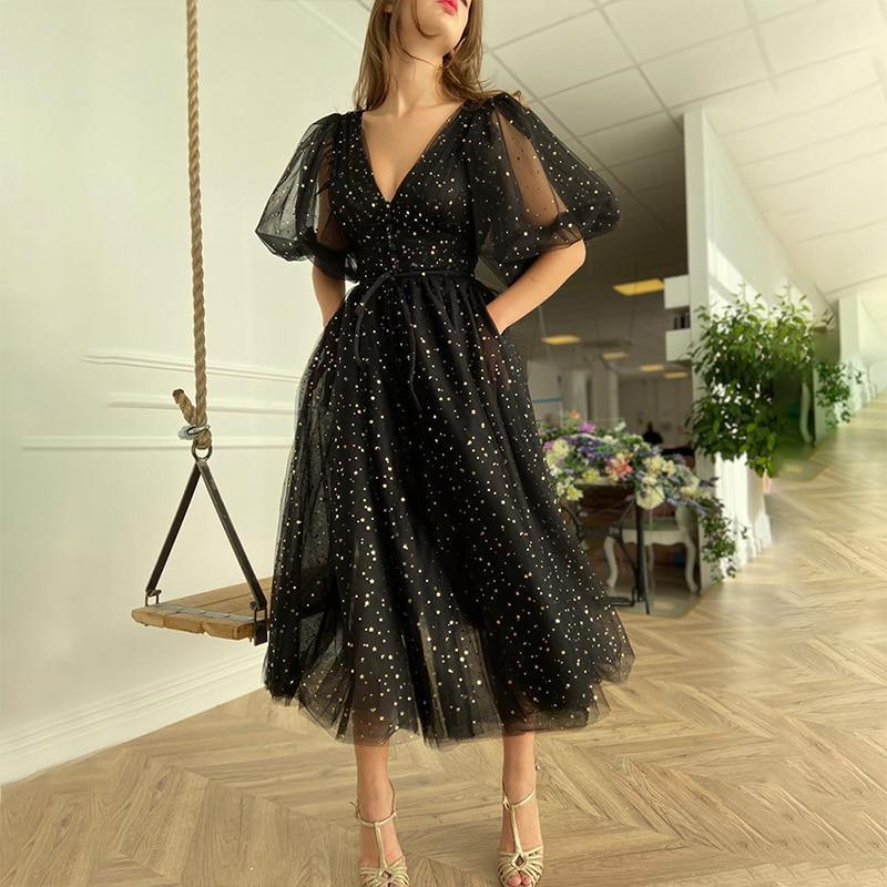 Black Mesh Starry Tulle Party Dress