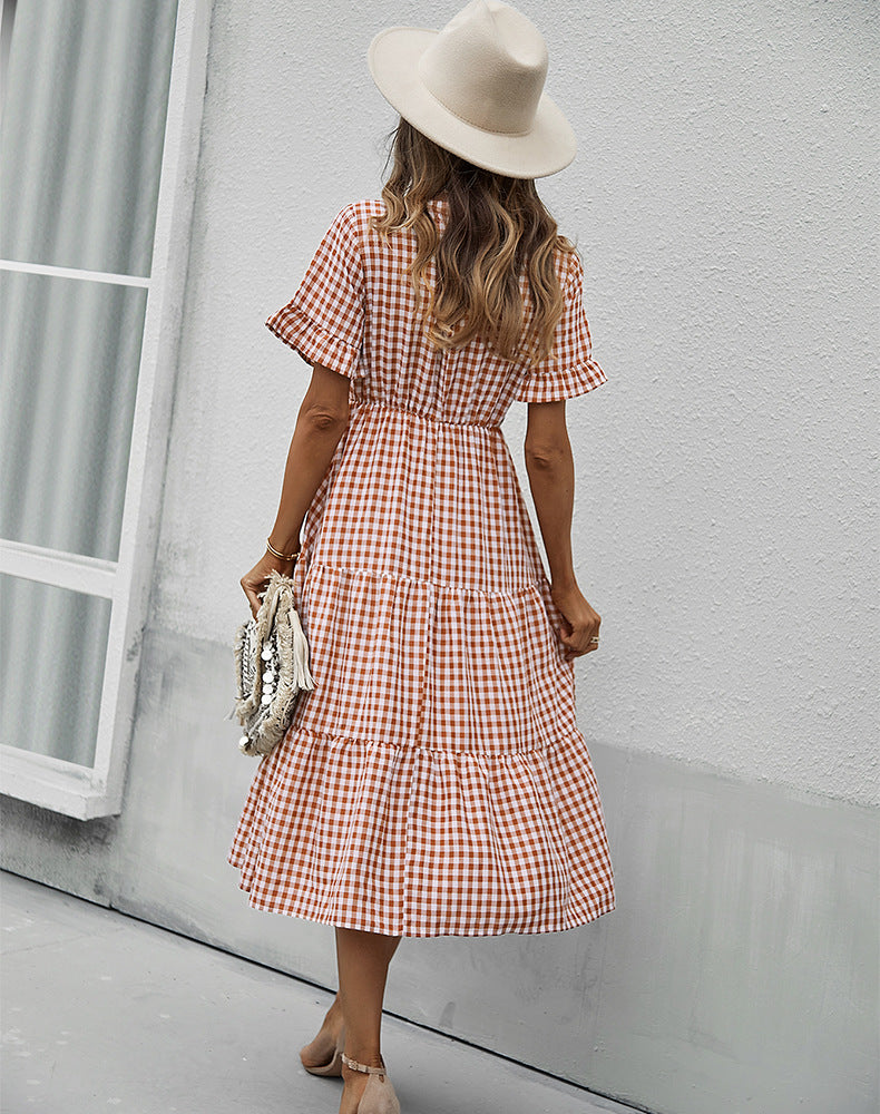 Plaid Ruffled High Waist Vintage Midi Dress
