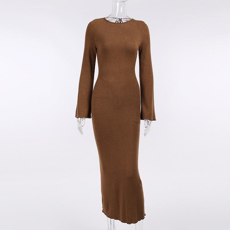 Knitted Open Back Flared Sleeve Maxi Dress