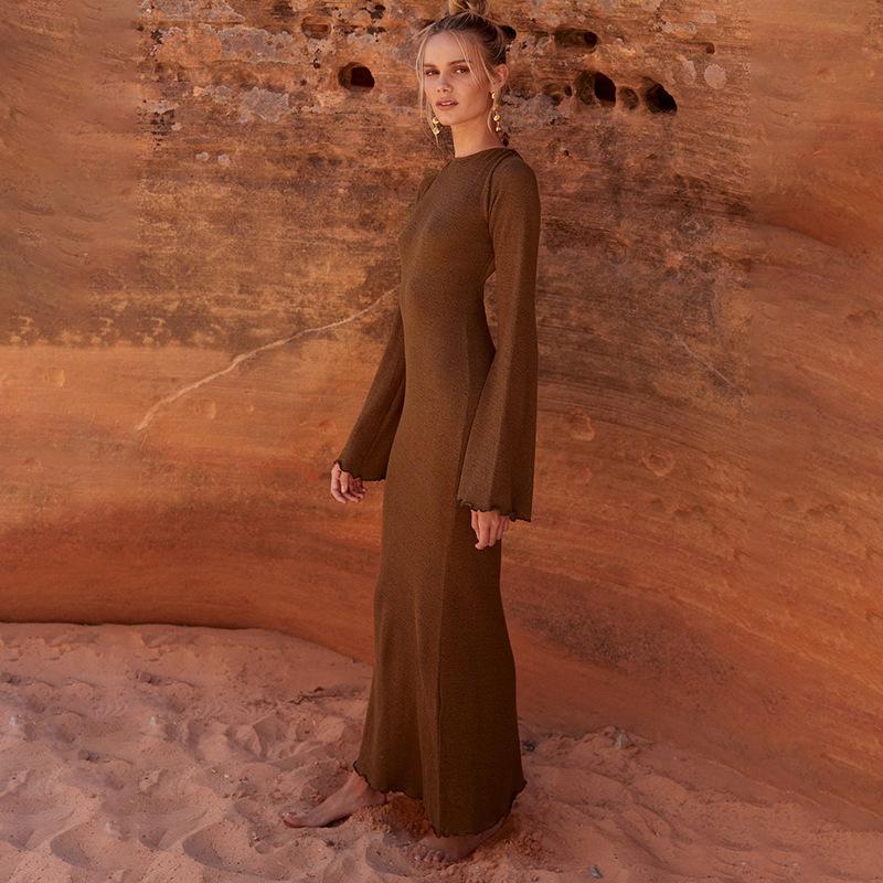 Knitted Open Back Flared Sleeve Maxi Dress