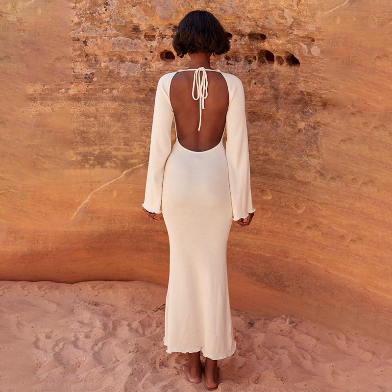 Knitted Open Back Flared Sleeve Maxi Dress